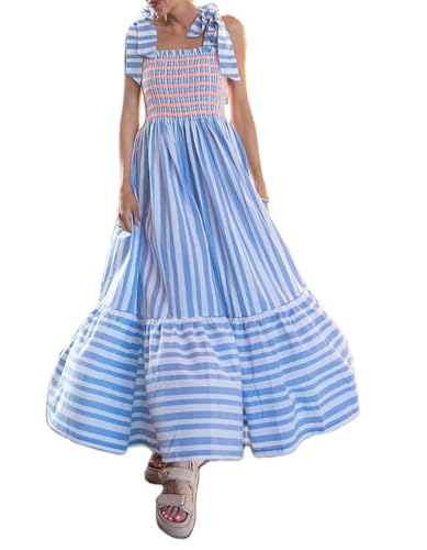 NUFIWI Women’s Tie Shoulder Striped Maxi Dress Spaghetti Strap Sm...