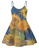 joo meryer Womens Sunflower Suspender Skirt Backless Dress Art Oil Painting Spaghetti Straps Swing Summer Tank Dresses,Five Sunflowers in a Vase,L