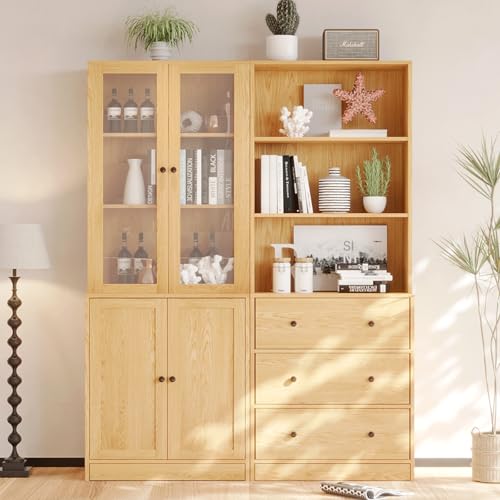 Image of VOWNER Vertical File Cabinet, 3-Tier Modern Bookshelf with 3 Large Drawer, Wood Filing Cabinet with Open Storage Shelf, Glass Doors and Fixed Storage Shelves for Home Office, Wood