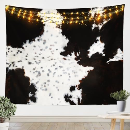 Manfei Abstract Cow Fur Tapestry, White Black Brown Cowhide Print Wall Hanging for Kids Boys Teens Room Decor, Animal Skin Print Wall Blanket Tapestries, Small 51.2 x 59.1 Inches