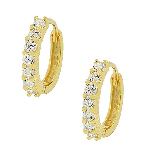 925 Sterling Silver Yellow Gold-Tone White CZ Hoop Huggie Earrings