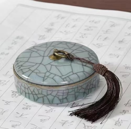 AOBOPO青磁風セラミック製蓋付き円硯 墨池一体型 揮発しにくい密閉構造 多機能書道・水墨画用 タッセル付き インクカートリッジ対応 セラミック研磨面 墨汁保持