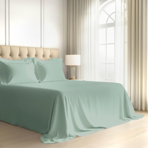 Image of Pizuna 100% Cotton Bedsheet Super King Size Sea Foam, 800 Thread Count Long Staple Combed Cotton Flat Bedsheets 108x108 Inches with 4 Pillow Covers, Bed Sheet for Super King Size Bed