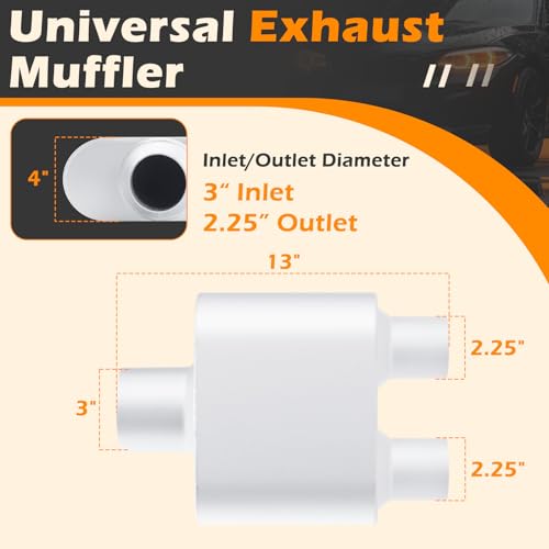 Image of A-KARCK Universal Exhaust Muffler 3 inch Center Inlet 2.25 inch Dual Outlet, 13 inch Overall Length Aluminized Steel Aggressive Sound Race Muffler for Cars, Trucks