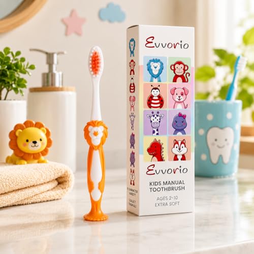 Image of Toothbrush for Kids with Ultra Soft Bristles for Oral Cleaning, Suitable For 2-12 Years Toddlers, Lion Design, Orange Pack of 1