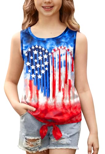 Image of July 4th Girls Patriotic Sleeveless Tie Knot Front Tank Top Stars Stripes Tee Shirt 4-14 Years