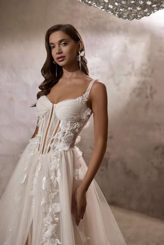 Zeeyecie Spaghetti Straps Tulle Wedding Dresses A-Line Lace Applique 3D Floral Bridal Gowns with Train for Brides4