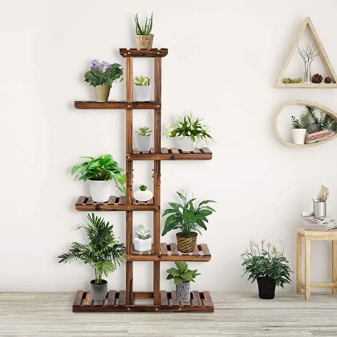 GOPLUS Estanteria Madera para Plantas, Desmontable Soporte para Flores Interior, Estante Decorativa de Macetas, Madera Maciza, 6 Capas, 75 x 25 x 140,5 cm