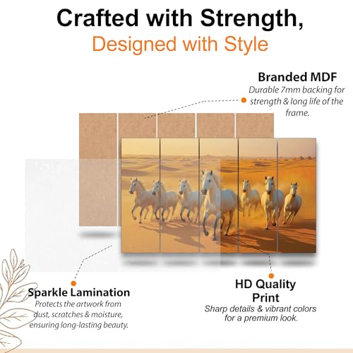 Image of The Castle Decor Running Horses with Rising Sun Vastu Painting | Wooden Frame Multi-Panel Wall Art for Living Room (Multi Color - Design 9, 36x60 Inch)