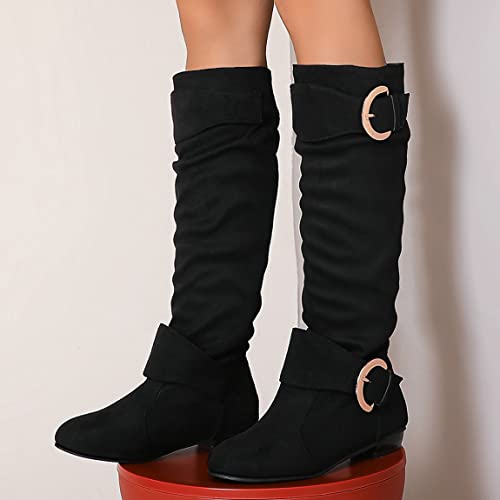 Trendenzy Women's Flat Knee High Buckle Slouch Boots Chunky Low Heel Slip On Boots2