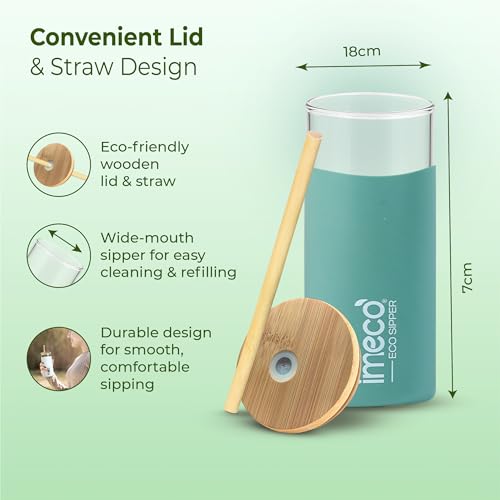 Image of IMECO ECO Sipper Glass Bottle with Bamboo Lid & Straw 450ml | Borosilicate Glass Tumbler | Leakproof & BPA-Free | Reusable, Non-Toxic & Lightweight | Ideal for Milk, Coffee & Tea - Green