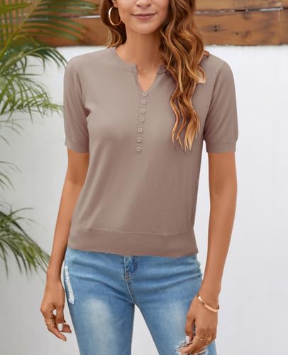 Image of Women Summer Knit Shirt Blouse V Neck Short Sleeve Pullover Sweater Tops