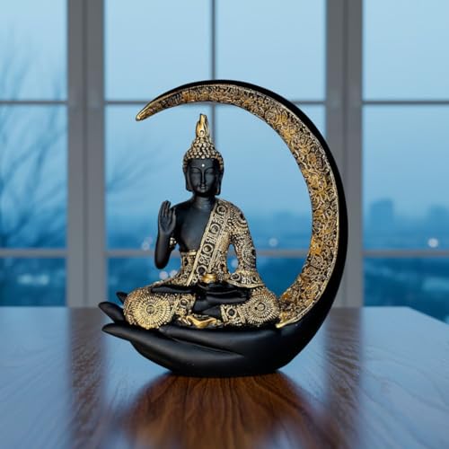 Image of Black & Gold Meditating Buddha Statue with Crescent Moon & Hand Base - Spiritual Buddha Idol for Home Decor, Feng Shui Lucky Showpiece for Living Room