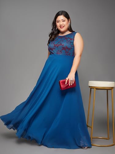 Image of Miss Chase A+ Women's Round Neck Sleeveless Georgette Floral Lace Fit & Flare Maxi Dress