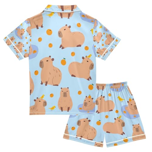 senya Cute Capybara Orange Birds Satin Summer Pajama Sets Silk Short Sleeve Button Down Sleepwear2