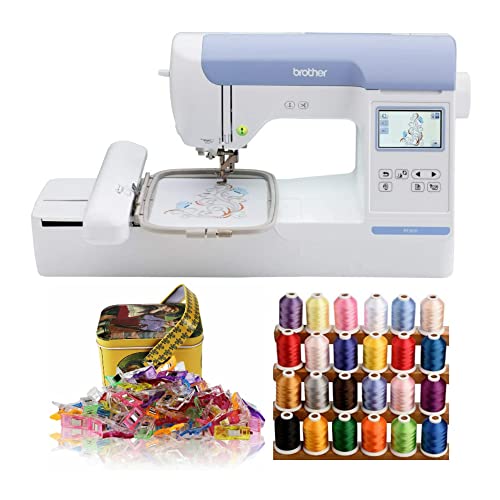 Brother PE800 Embroidery Machine with 1100 Yards Trilobal Polyester Embroidery Machine Thread and Sewing Clips with Tin Box Bundle (3 Items)