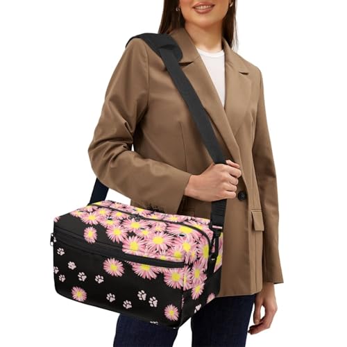 Image of Drnuikhe Pink Daisy Flower Crochet Bag Knitting Bag with Shoulder Straps Traveling Crochet Bags Yarn Bag for Carrying Crochet Hooks, Knitting Kit, Skein Yarn Wool, Project