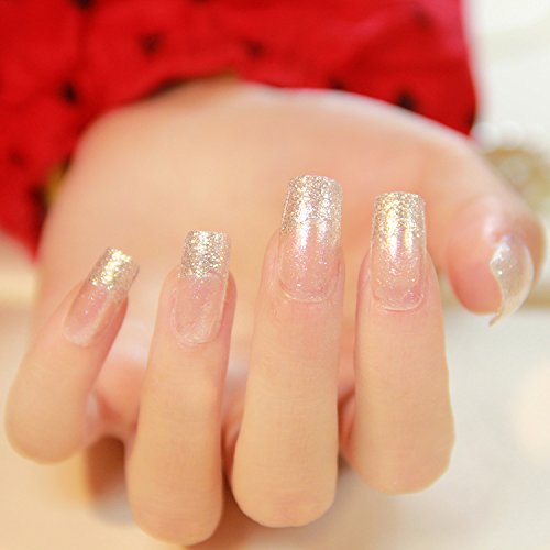 LIARTY 24pcs French Fake Nails Kits, Silver Glitter Square Medium Length False Nails Full Cover Nail Tips(french glitter)
