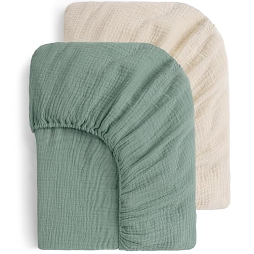 Image of Yoofoss Muslin Pack and Play Sheets Fitted 2 Pack, Pack n Play Sheets Fitted Mini Crib Sheets, Playard Sheets for Pack N Play Mattress, Soft Breathable Durable