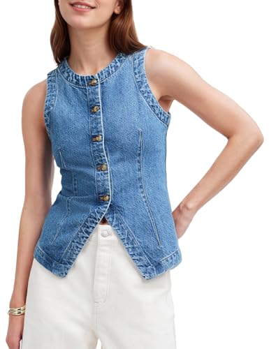 Women's Denim Vest Sleeveless Button Down Casual Jean Crewneck Waistcoat Denim Top