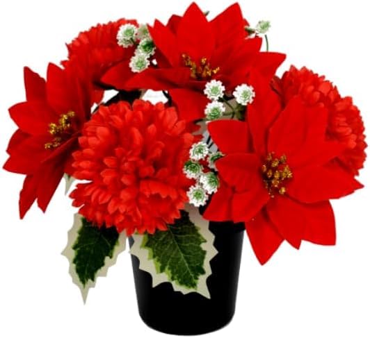 Homesecret Pack 1 Christmas Artificial Flowers for Graves | Red Poinsettia with Chrysanthemums | Cemetery Artificial Grave Flower Pots | Durable Grave Pot for Floral Arrangement Decorations โ image 1