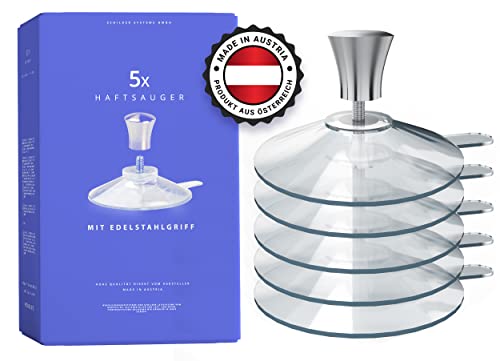 SCHILDER Systeme Haftsauger mit Edelstahlgriff | Ø 50 mm | 5 Stück | Saugnapf mit Gewinde und NIRO Griff | Haftsauger für Schilder | Saughalter für Badezimmer, Küche, Auto, Fensterglas Cover