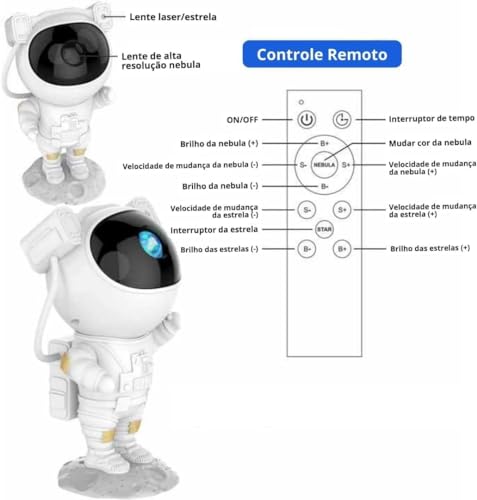 Astronauta Luminária Projetor de Estrelas e Galaxias Nebulosas com Luz de Led e Controle Remoto Temp