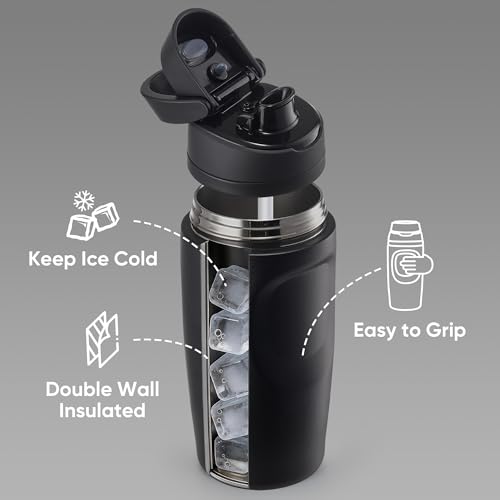 Image of Fijinhom 16 oz Insulated Water Bottle,Stainless Steel Sports Water Bottle with Straw, Double Wall Vacuum Leak Proof, Cold for 24 Hours, BPA Free for Travel, Sport, Outdoor, Black