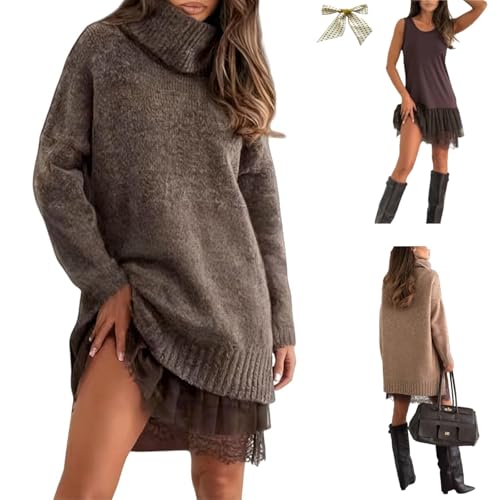 Generico Women's Turtleneck Sweater Mini Dress Set,2 Piece Loose Turtle Neck Tops Sweater Skirt,Elegant Lace-Trim Slip Dress Sets (Brown, S)