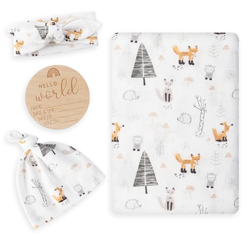 Image of BabyWhale Muslin Swaddle Blanket with Hat and Headband Bow, Animals Print Swaddle Set for Baby Boys ＆ Girls, Newborn Soft Receiving Blanket Wrap, Owls, Foxes, Hedgehogs Pattern, 47x47 inches