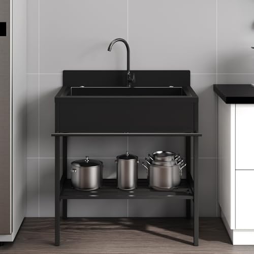 Fregadero Exterior Jardin con Grifo,Fregadero Cocina 1 senos,Fregaderos Industrial de Acero Inoxidable,Lavadero pila Exterior,para Comercial Lavandería Garaje Camping(66x51x94cm)