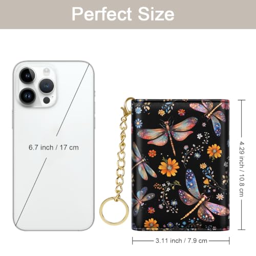 Image of Dragonfly Small Wallet Women, RFID Blocking Trifold Wallet, Cute Credit Card Holder with Kaychain, Credit Card Wallets, Vegan Leather, 7 Card Slots, ID Window, Wallets for Women Ladies Girls