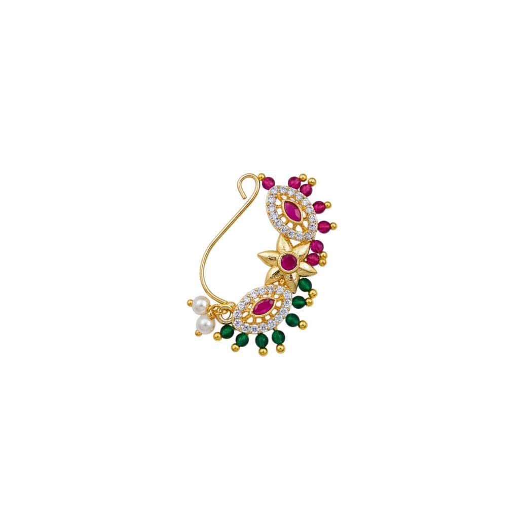 Traditional Gold Plated Copper Nath with AD Diamond, Crystal and Pearl Embellishments, Nose Ring Maharashtrian Pressing Nose Ring for Women and Girl | Without piercing Nose, Nose Pin, Marathi Nathani Green and Pink Color-image-31