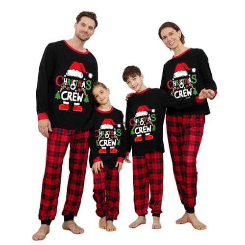 Neufigr Weihnachtspyjama Familie Set,Weihnachts Pyjama,Weihnachten Schlafanzug Familie,Matching Christmas Pyjama,Weihnachts Schlafanzug für Kinder (12 Jahre,01- Schwarz Rot)