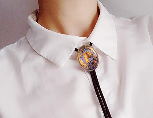 Golden Western Bolo Tie Initial Letter A to Z in Round Flower Nursery Cowboy with Cowhide Rope Necktie (P) - Thumbnail 2