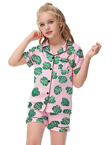 Veseacky Unisex Satin Pajamas Set Boys Girls Silk Pjs Short Sleeve 2 Piece Sleepwear Button-Down Kids Nightwear(4-13T)3