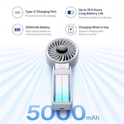 Image of JISULIFE Handheld Fan Life7, 5000mAh Portable Personal Fan, 5 Speeds Mini Desk Fan with Smart Digital Display, 150 Foldable, USB-C Rechargeable, Pink