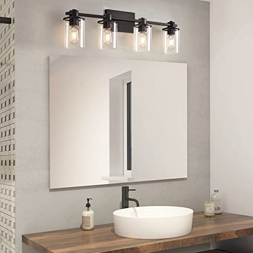 Image of 4-Light Modern Vanity Lights,Industrial Matte Black Bathroom Light Fixtures with Clear Glass, Vanity Lights Fixture for Bathroom, Living Room, Mirror, Bedroom,Hallway