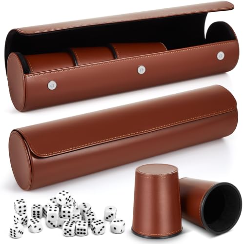 Liliful 2 Set Leather Dice Cups Include 10 Leather Game Cups 50 Dice and 2 Storage Case with Magnetic Closure Liars Game Gift for Party Craps Backgammon(Dark Brown)