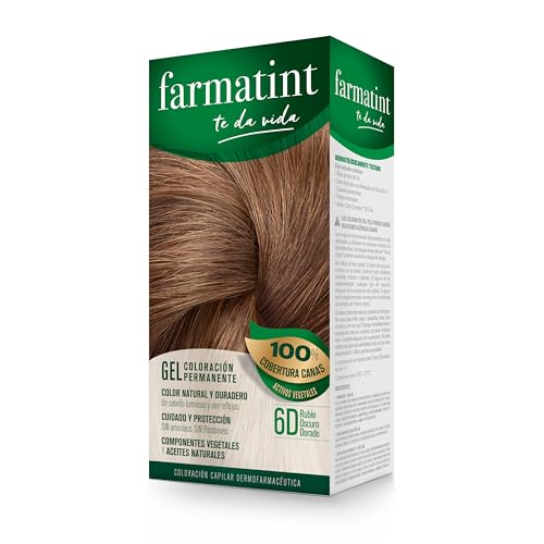 Farmatint 6D Rubio Oscuro Dorado. Tinte permanente. Cabello natural y color duradero. Sin amoníaco ni parabenes ni parafinas ni siliconas, 135ml (El empaque puede variar)