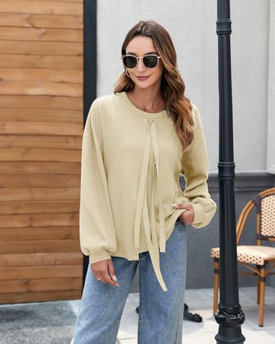 Image of Vivilli Women's Tie Front Knit Tops Long Lantern Sleeve Shirts Crewneck Sweatshirts A-Line Patchwork Fall Fashion Tunic