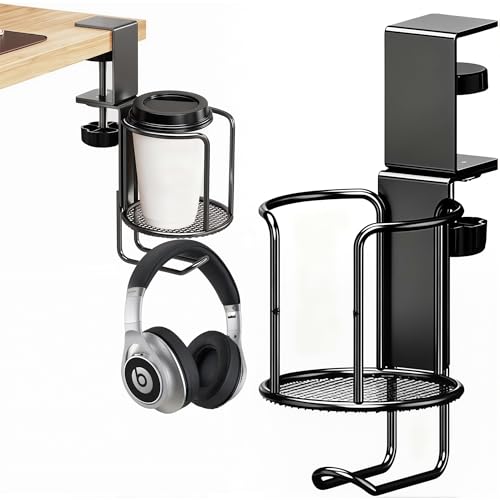 HAUZMENT 2in1ヘッドホンスタンド&カップホルダー デスク周り収納 360度回転 便利グッズ ドリンクホルダー デスク 用品 ヘッドセット置き/掛け イヤホン 収納 強力クランプ式 取り付け簡単（ブラック/回転式)の商品画像（Amazon）