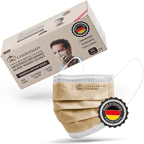 Charlemain 50 Piezas Mascarilla quirúrgica, EN 14683 tipo IIR, protección médica de la boca y la nariz, BFE  99%, 3 capas, resistente a las salpicaduras, inodoro, sin látex, Beige