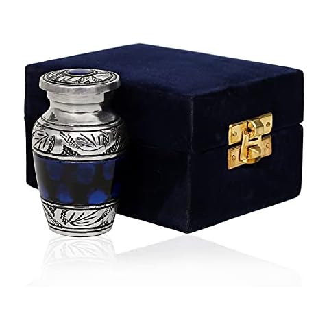 hlc Lovely Small Keepsake Urn Qnty 1 - Keepsake Urn for Human Ashes with 1 Velvet Box Bag-Mini Keepsake Urn -Beautiful Peaceful Blue Brass Hand Engraved Mini Memorial Affordable Keepsake Urn (3 cu.in) Cover