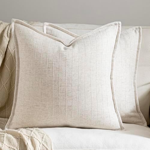 DEZENE 18x18 Linen Pillow Covers Beige Pack of 2 Farmhouse Boho N...