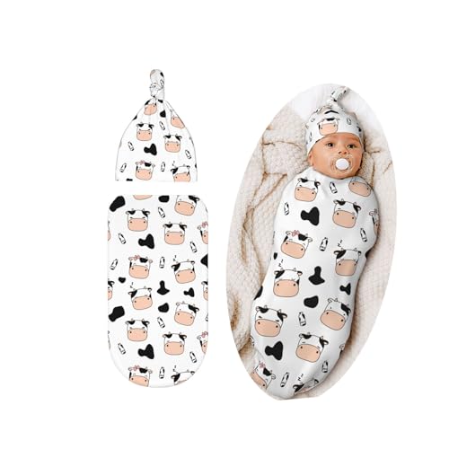 Image of Lcokin Cute Cow Swaddle Blanket Hat Set for Boys Girls, Soft Cow Print Newborn Sleeping Sack Receiving Blanket Shower Gift