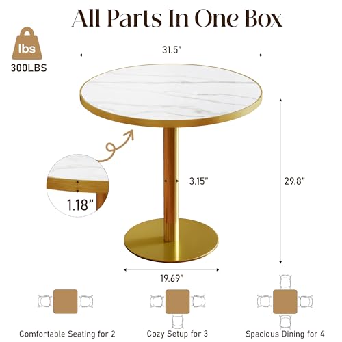 Image of 31.5 inchTulip Table, Sintered Stone Small Round Dining Tables&Metal Edge&Base | Small Modern Circle Dining Table for 2-4 Person ,Bistro Tables for Dining Room /Kitchen /Restaurants /Small Spaces /Marble White