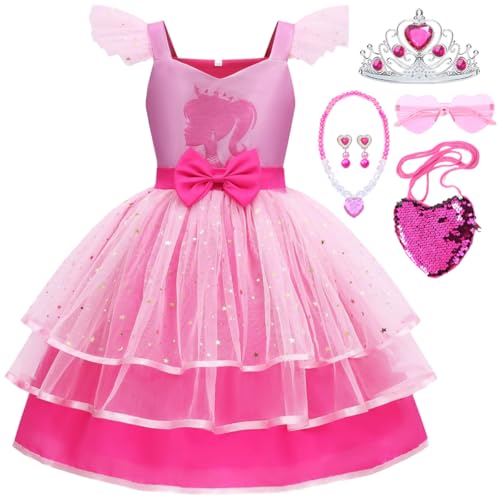 Snyemio Disfraz Niña Rosa con Accesorios Vestido Princesa de Tul para Carnaval Cumpleaños Fiesta, 3-4 Años