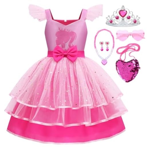 Snyemio Disfraz Niña Rosa con Accesorios Vestido Princesa de Tul para Carnaval Cumpleaños Fiesta, 3-4 Años