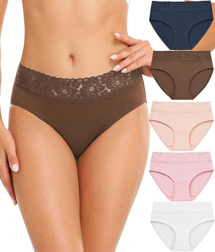 Image of RHYFF Womens Underwear Cotton Bikini Panties Lace Soft Hipster Panty Ladies Stretch Full Briefs 5 Pack